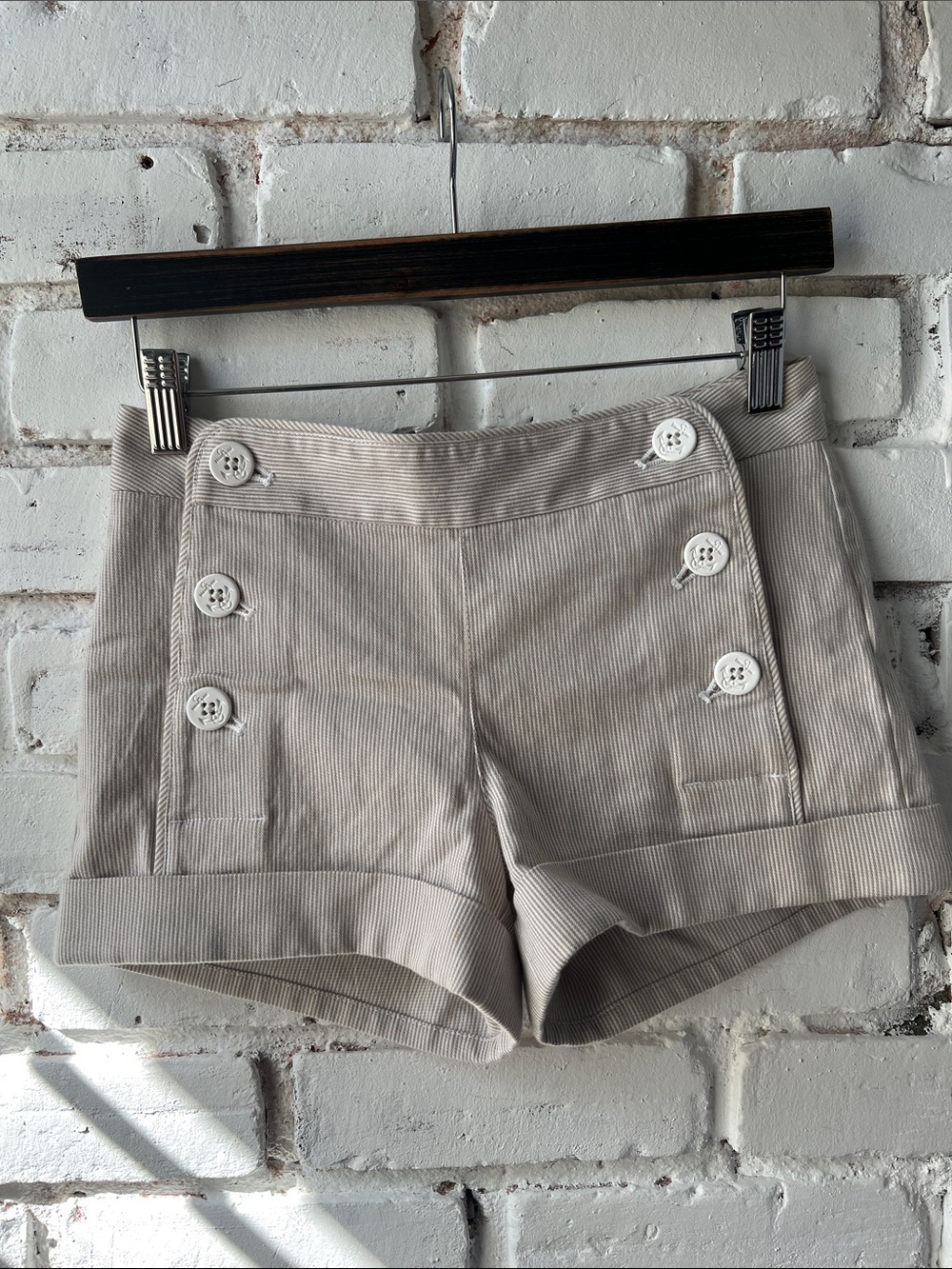 Talula Beige High-Waist mini stripe twill Button-Front Shorts